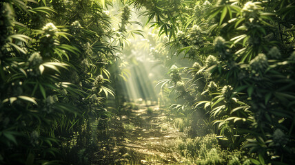 A path through cannabis fields is growing densely