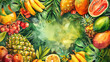 Fruit: A colorful bounty of autumn fruits like apples, banana and leafy greens fills a frame. Poster, background, backdrop, copy space