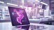 © PrusarooYakk - A bright, minimalistic setting featuring a large tablet displaying a vibrant  holographic 3D  Brain, Lab Room, closeup