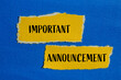 © Emre Akkoyun - Important announcement words written on ripped yellow paper pieces with blue background. Conceptual important announcement symbol. Copy space.