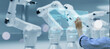 © Have a nice day  - Engineer monitoring robotic AI arms in manufacturing factory plant, manager managing controlling using computer holographic ui display analysis innovation technology, male engineer, banner background.