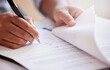 © peopleimages.com - Hands, signature and writing on contract for deal at record company for music license in office. Person, legal paperwork or document for production budget, artist or sign for distribution of album