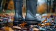 Closeup view of a pair of sturdy rubber boots on a rainy day, with leaves and rainwater around, showcasing the boots effectiveness and style