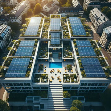 aerial view of a terrace roof with photovoltaic system made up of a row of solar panels