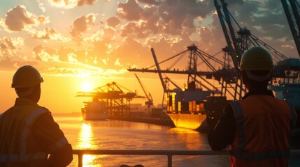 Two engineers in hard hats looking out at a busy shipping port at sunset.Water transportation industry, logistics, cruise ship production, transport ship production, fisheries