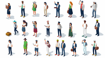 Wall Mural - Diverse Isometric People Vector Illustration Set, Business and Casual Attire, Male and Female Characters in Office Environment - Creative Flat Design Isolated Graphics Collection