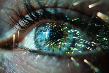 a close up of a person 's eye with a reflection of a city