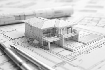 Poster - House model sitting on top of blueprints, ideal for architectural and construction concepts