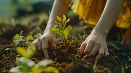 Sticker - An image of a woman s hands delicately planting and nurturing a vibrant young plant embodies the essence of environmental stewardship resonating with the themes of Earth Day or World Environ