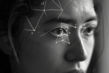 A black and white photo of a woman 's face with lines and dots on it