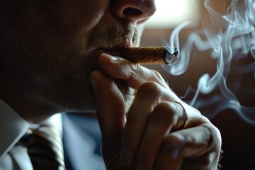 Poster - A man in a formal suit smoking a cigarette. Suitable for business or lifestyle concepts