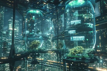 Wall Mural - A stunning view of a futuristic city illuminated with bright lights. Perfect for technology or urban-themed designs