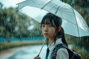 Sticker - A woman standing in the rain with an umbrella. Suitable for weather-related concepts