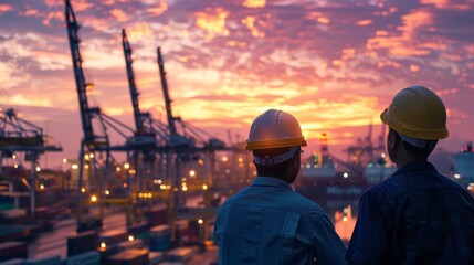 Two engineers in hard hats looking out at a busy shipping port at sunset.Water transportation industry, logistics, cruise ship production, transport ship production, fisheries