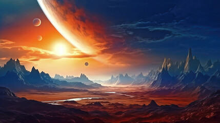 Wall Mural - alien planet landscape with glowing sun and mountains with fantastic rocks formations 3d illustratio
