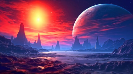 Wall Mural - alien planet landscape with glowing sun and mountains with fantastic rocks formations 3d illustratio