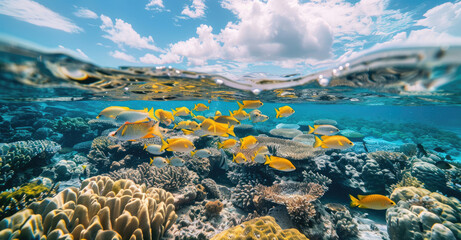 A school of colorful fish swimming over the coral reef, showcasing their vibrant colors under clear water in the Caribbean Sea.