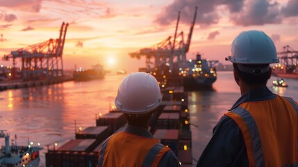 Two engineers in hard hats looking out at a busy shipping port at sunset.Water transportation industry, logistics, cruise ship production, transport ship production, fisheries