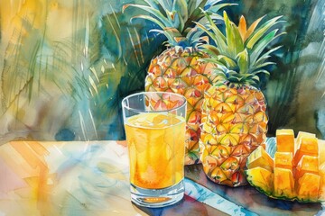 Sticker - A vibrant painting of a pineapple next to a refreshing glass of orange juice. Suitable for food and beverage concepts