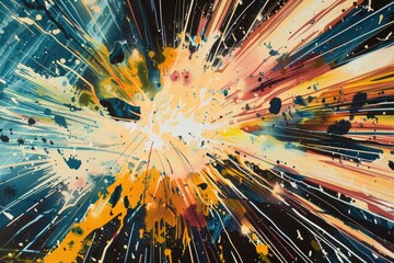 Canvas Print - Abstract painting of colorful burst on black background. Suitable for artistic and creative projects