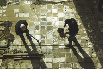 Wall Mural - Two men standing on top of a tiled floor, suitable for various indoor scenes