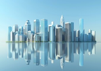 Wall Mural - A cityscape with many skyscrapers and a river in front of it