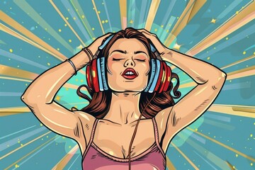 Wall Mural - A woman enjoying music with headphones, suitable for music and entertainment concepts