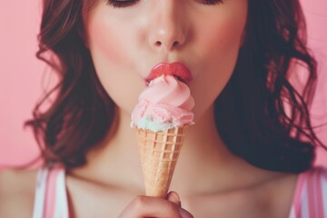 Canvas Print - A woman holding an ice cream cone. Perfect for summer advertisements