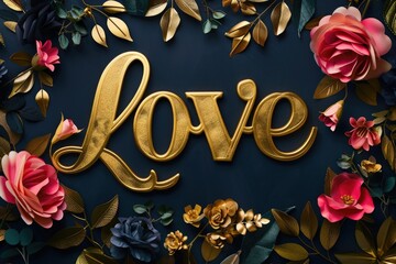 A gold love sign surrounded by flowers and leaves. Perfect for wedding or romantic themed designs