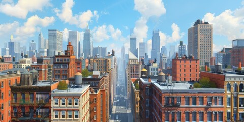 Wall Mural - A wide shot of an urban city street with tall buildings and a clear blue sky