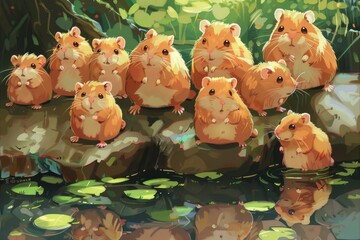 Poster - A group of hamsters sitting on top of a rock. Perfect for animal lovers and pet care websites