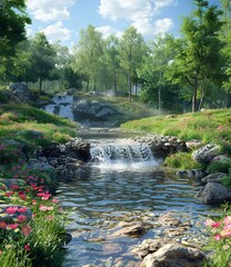 Wall Mural - Small river flowing through a beautiful green forest