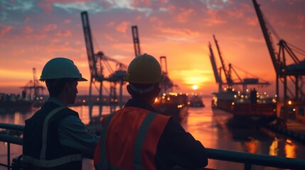 Two engineers in hard hats looking out at a busy shipping port at sunset.Water transportation industry, logistics, cruise ship production, transport ship production, fisheries