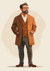 Wall Mural - Confident man in brown coat and glasses