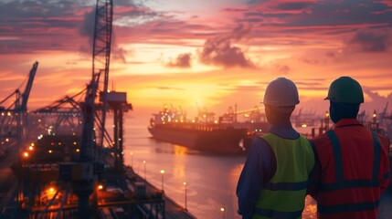 Two engineers in hard hats looking out at a busy shipping port at sunset.Water transportation industry, logistics, cruise ship production, transport ship production, fisheries