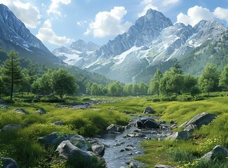 Canvas Print - majestic mountains with river and green fields