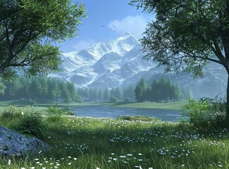 Wall Mural - Tranquil mountain lake in a valley with blooming flowers and lush green trees