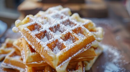 Wall Mural - reshly made waffles with a dusting of powdered sugar, ready to serve