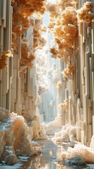 Wall Mural - Mystical white and gold 3D rendered enchanted forest