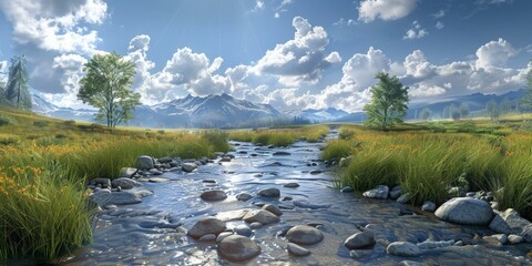 Wall Mural - rocks in the river in the valley between high mountains