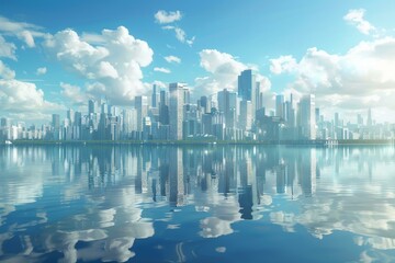 Wall Mural - Cityscape with skyscrapers and blue sky reflecting on the water surface