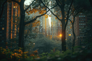 Wall Mural - a park in the middle of a city, cinematic style