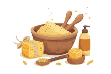 Poster - A variety of food items in a wooden bowl with a bottle of lotion, perfect for food or skincare concepts