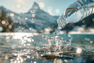 Bottle and glass of pouring crystal water against blurred nature snow mountain landscape background