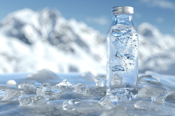 Bottle and glass of pouring crystal water against blurred nature snow mountain landscape background