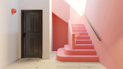 Wall Mural - Minimalist home entrance featuring a coral pink staircase ebony wood door and a light ash hardwood floor