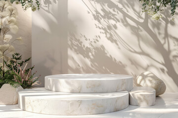 White Stone nature product display podium platforms cosmetic placement