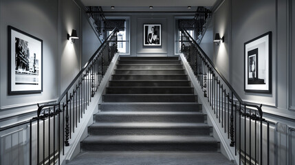 Wall Mural - Modern luxury foyer with ash gray carpeted stairs framed by a minimalist iron railing and a high-contrast black and white photo gallery Spotlights focus on the artwork
