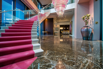 Wall Mural - Modern luxury foyer with hot pink carpeted stairs highlighted by a glass railing and a polished granite floor A bold contemporary chandelier adds a striking visual element