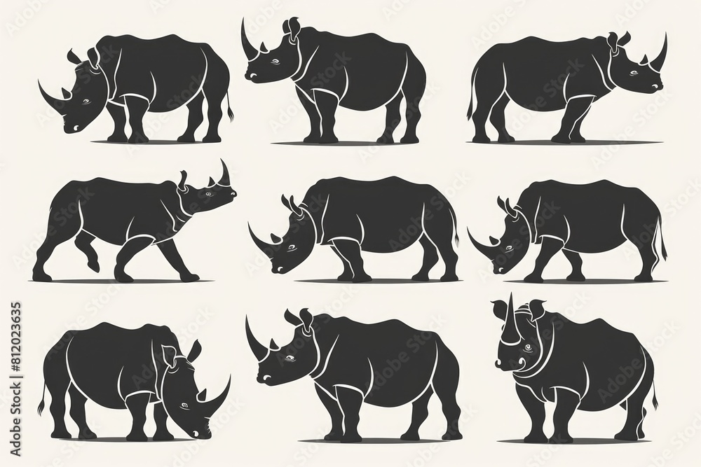 Set of rhino silhouettes on a plain white background. Great for educational materials or wildlife conservation projects